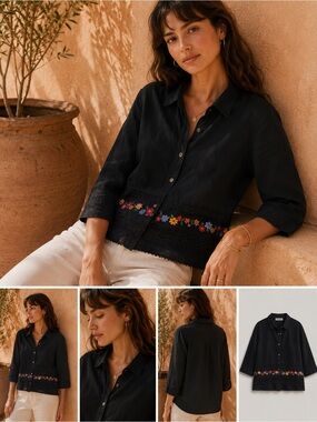 Black Linen-Blend Top with Floral Embroidery 14 Petite Vintage